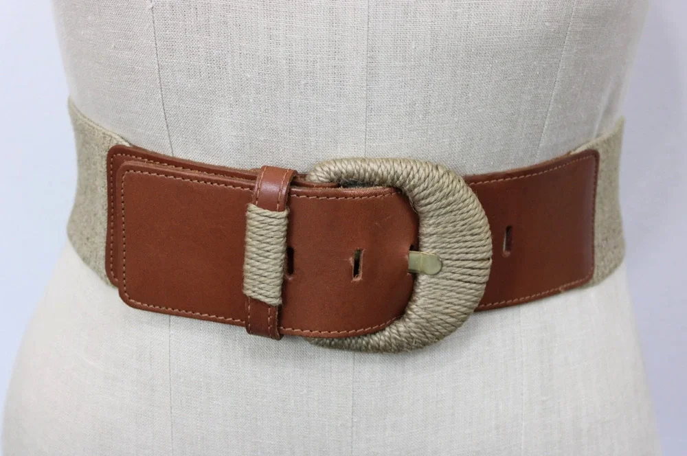 Vintage 90s First Issue USA Wide Stretch Belt Size M Brown Raffia Buckle Boho